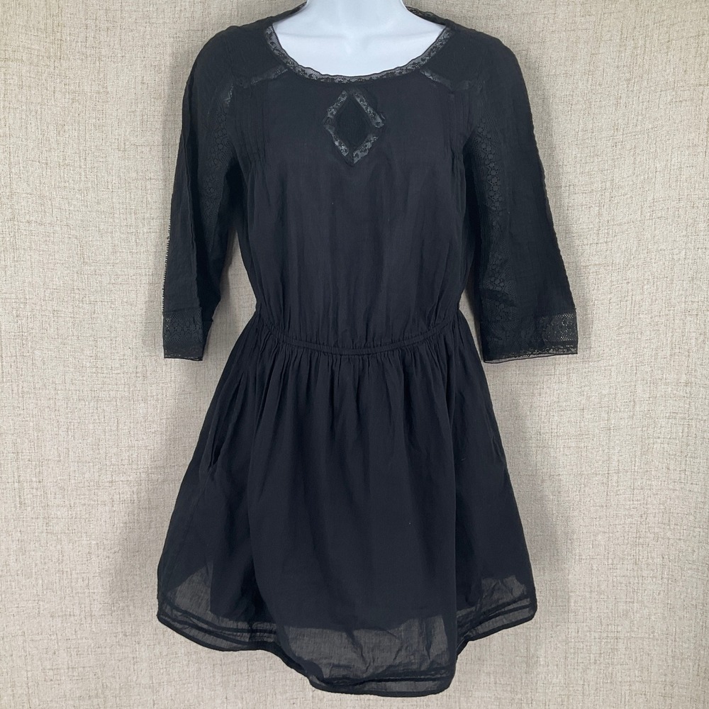 Zara TRF Mini Dress Women S Black Cotton Lace Trim Boho Y2K Pintuck Cutout